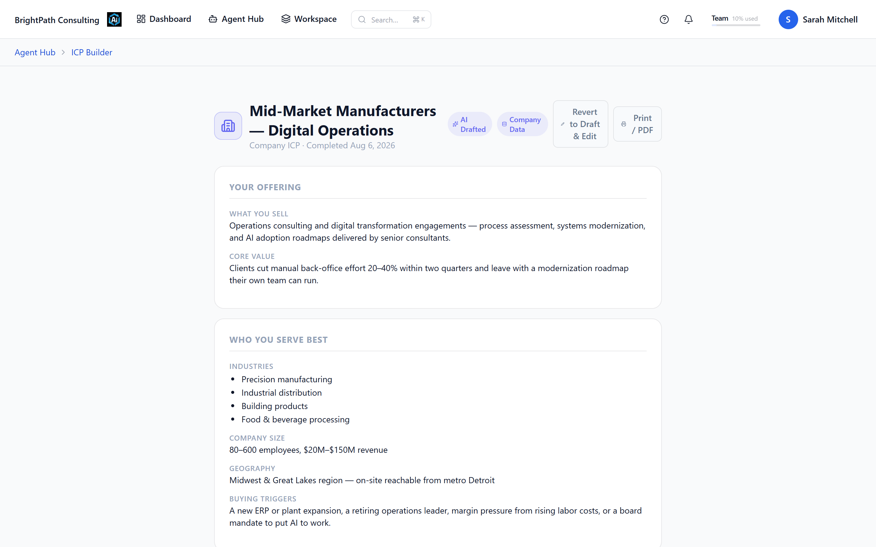A completed ideal-customer profile for mid-market manufacturers with what-you-sell and core-value sections