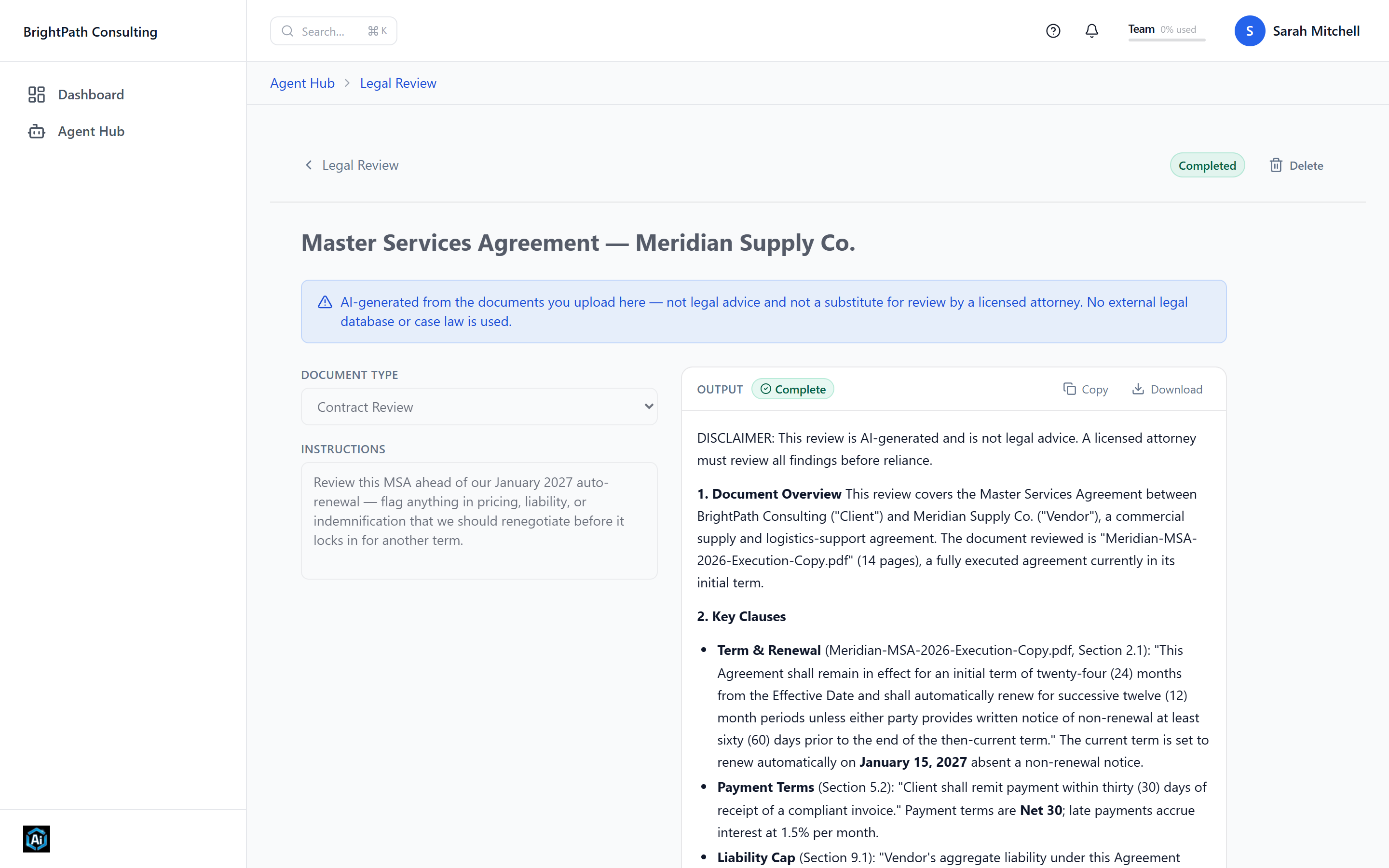 Legal Review in the Awecomm AI portal