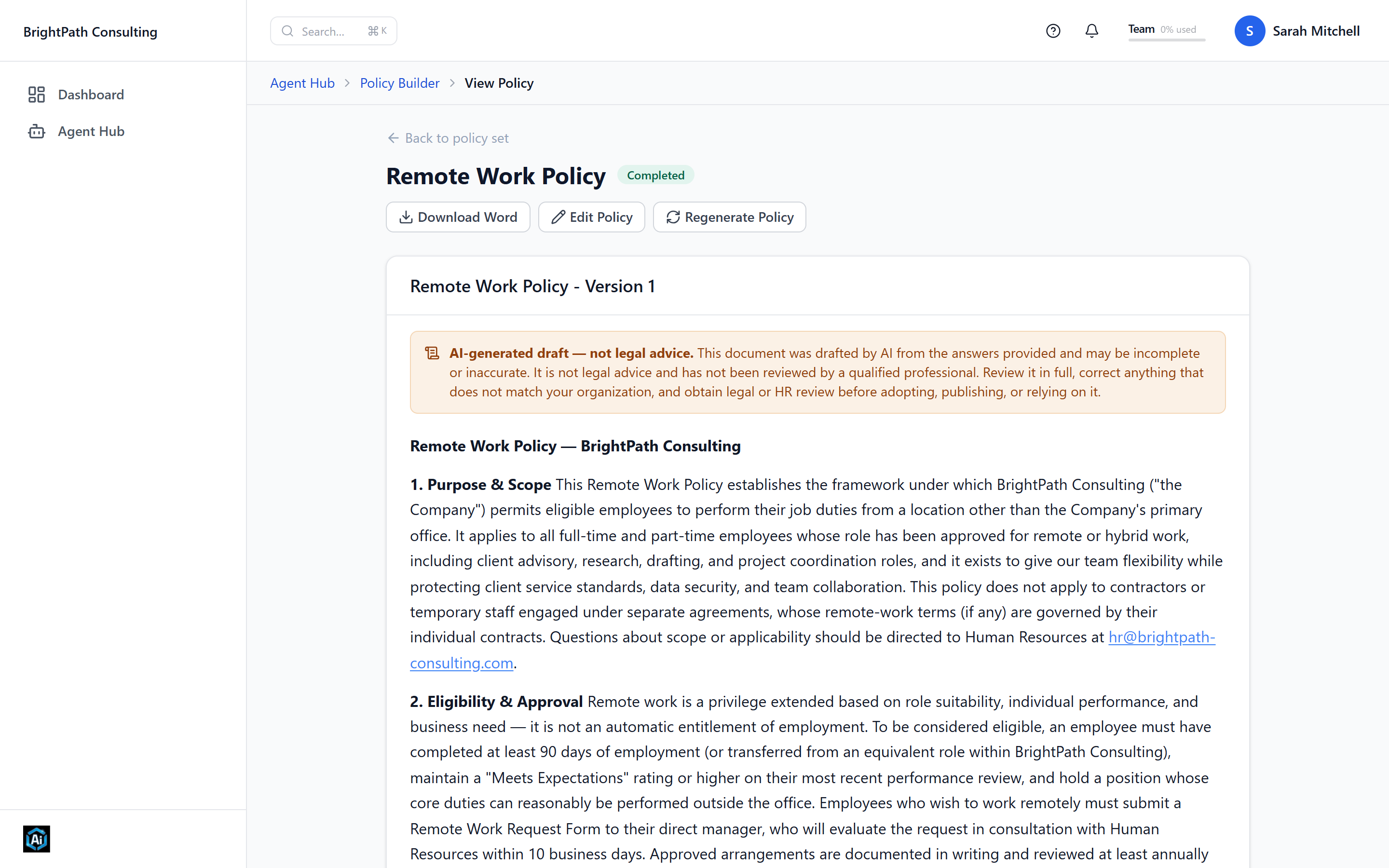 A completed remote work policy marked complete, with Word download and edit actions